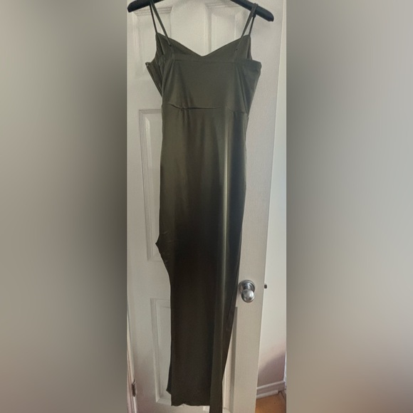 Long satin dress (olive/brown) adjustable spag. straps. Wore once to a wedding - Picture 2 of 2